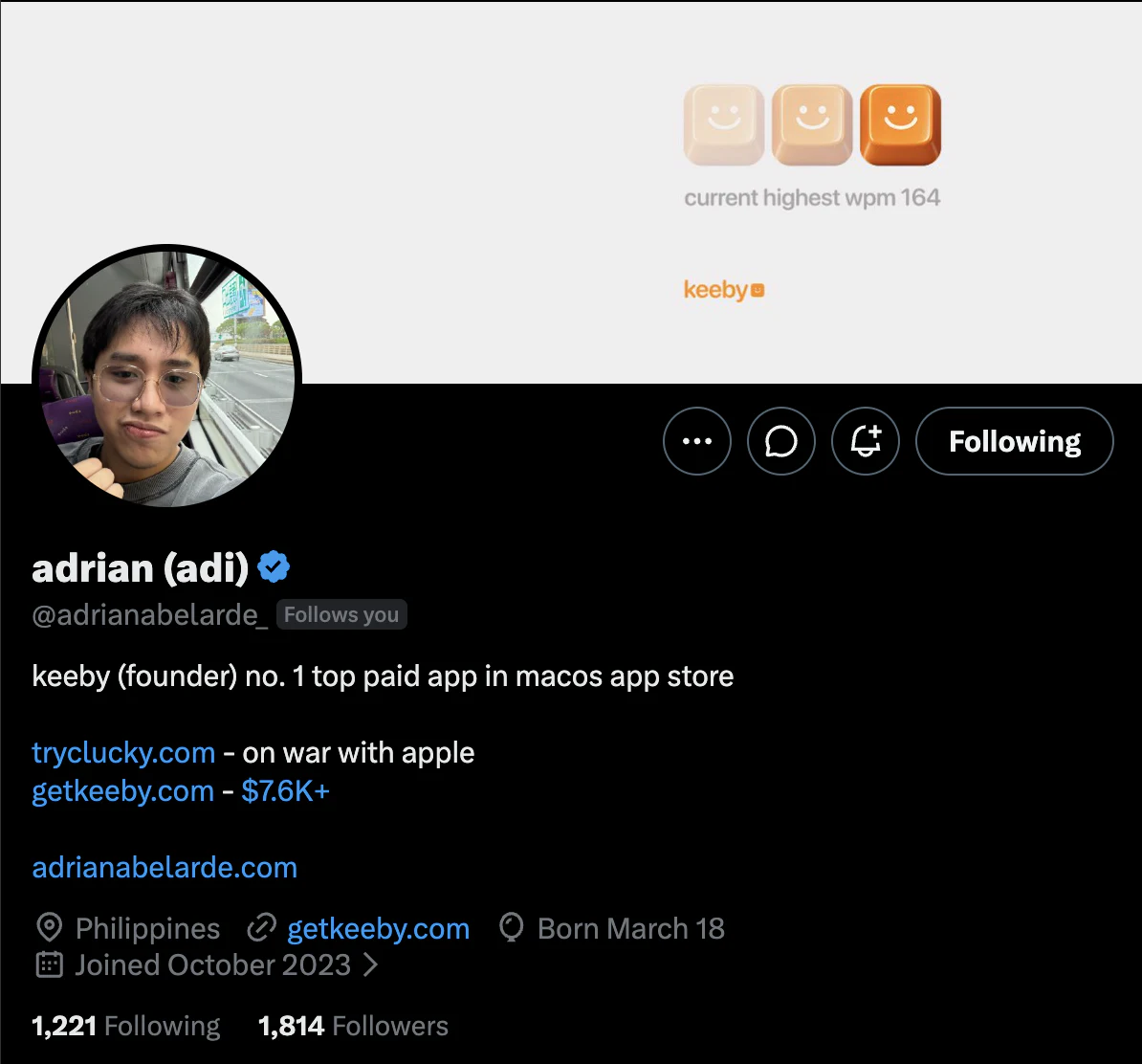Screenshot ng X profile ni Adrian Abelarde na nagsasabing siya ang founder ng Keeby