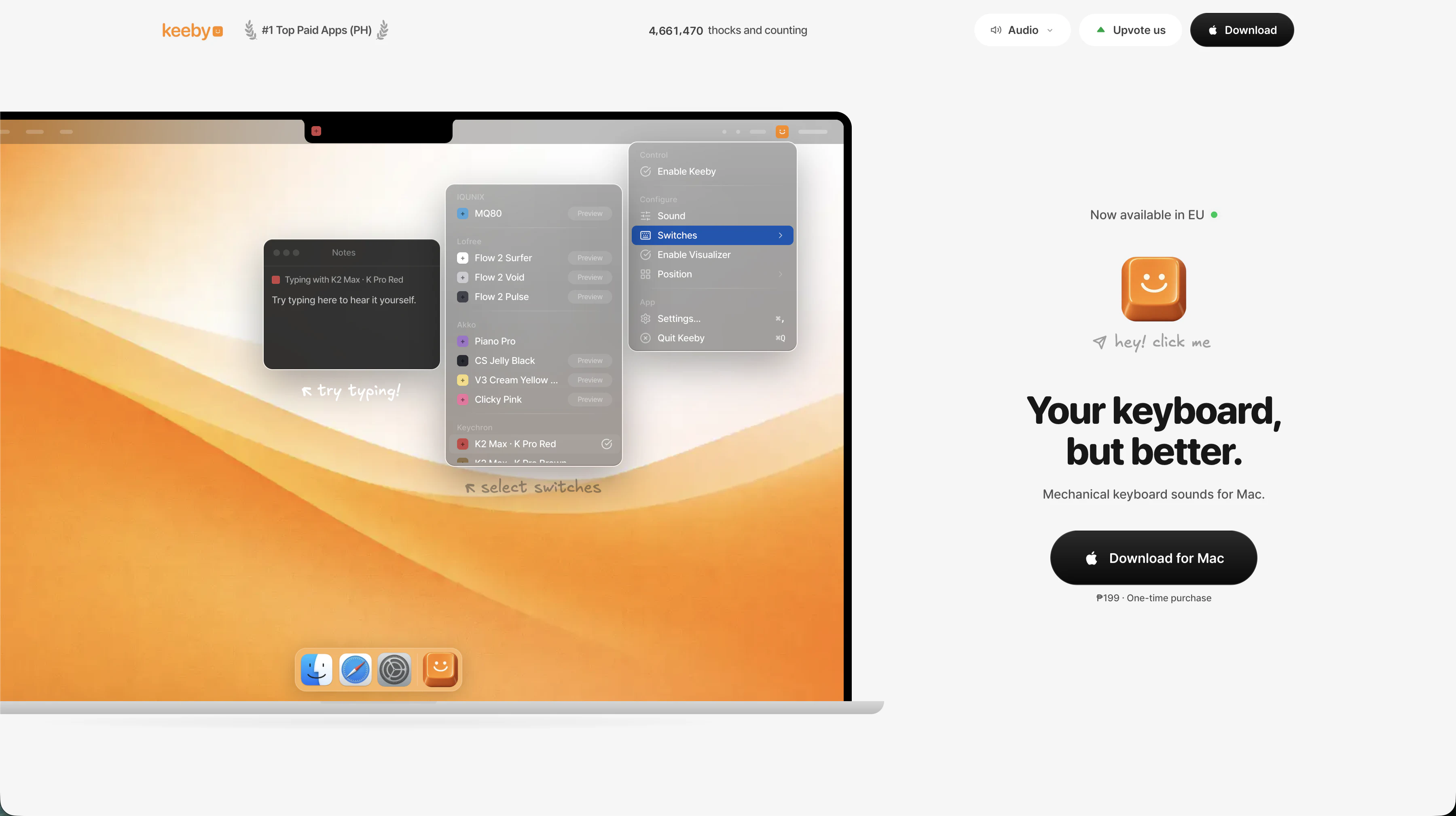 Screenshot ng Keeby homepage at mechanical keyboard sound app nito para sa Mac